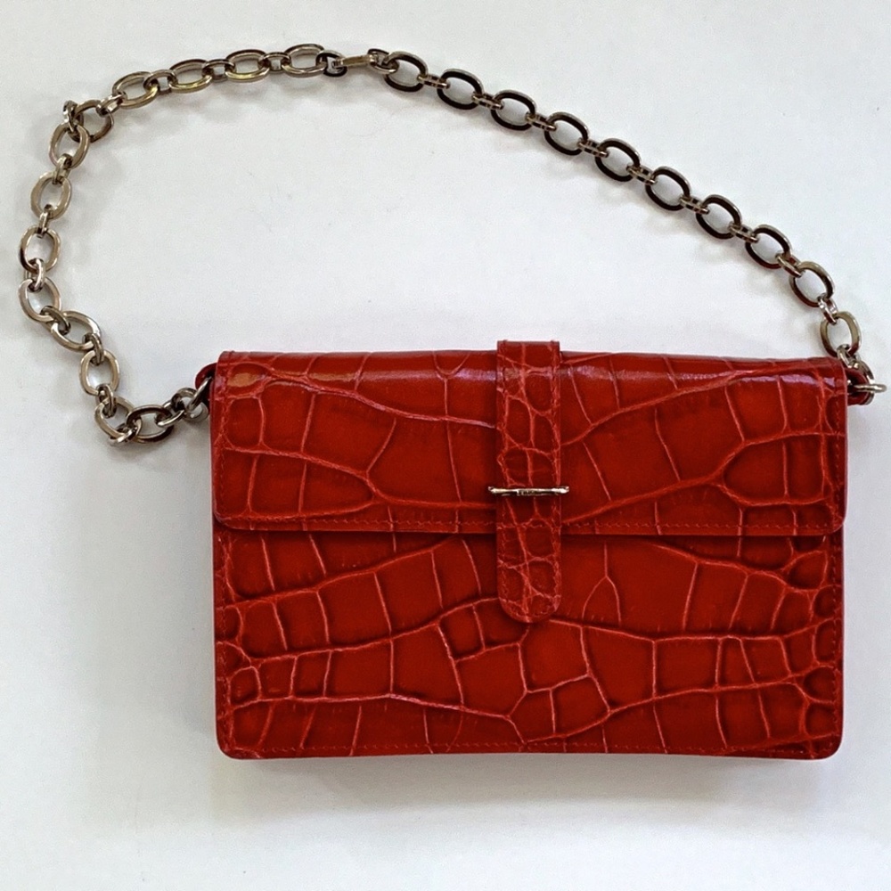 Furla Italian Leather Purse / Clutch Croc Embossed Leather Cherry Red